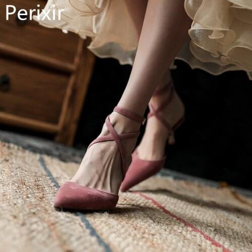 Perixir Women Pumps Pointed Toe Stiletto Heel Kid Suede Ankle Lace-Up 2021 Spring Sweet Girl Comfortable Footwear Ladies Shoes