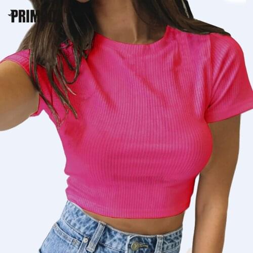 Neon Rose Street Casual Harajuku Crop Tops Summer Women Short Sleeve Tees Knitted Sexy 2021 Black Fashion O Neck T Shirts PR340M