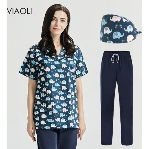 Animal Printing Health check Scrubs women Uniforms Short Sleeved Lab Work Wear Pet grooming Work Uniform Nutritionist Work Shirt