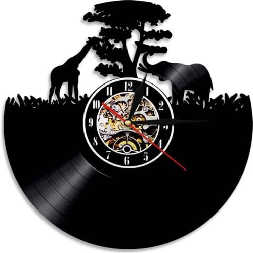 Griaffe Elephant Vinyl Wall Clock Africa Animal Handmade Craft Clock With LED Backlight Creative Nursery Decor For Kids