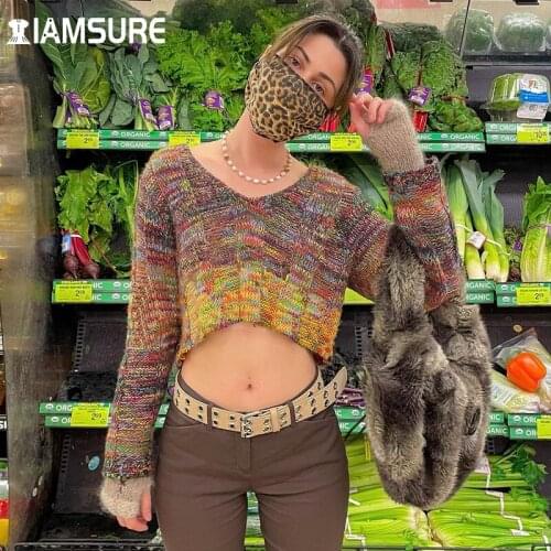 IAMSURE Gradient Knitted Sweater Autumn Winter Casual Long Sleeve Crop Tops Loose WomenS Pullovers 2021 Fashion Streetwear Lady