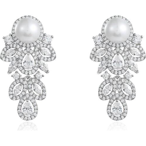 WEIMANJINGDIAN New Arrival Leaf Shape Cubic Zirconia CZ Crystal and Shell Pearl Bridal Wedding Earrings