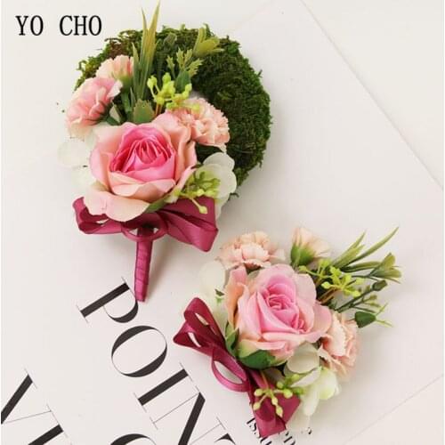 YO CHO Artificial Flower Wedding Boutonniere Wrist Corsage Men Brooch Pins Silk Rose Groom Boutonniere Wedding Bracelet Corsages