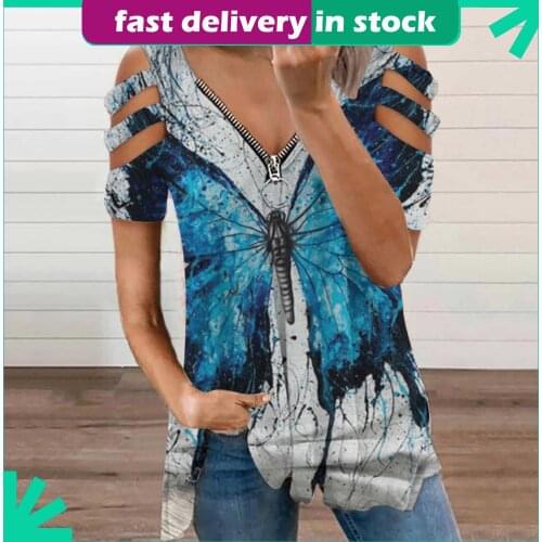 Zipper Hollow Out T Shirt Butterfly Printing Harajuku Plus Size Women Clothing T-Shirt Sexy Strapless V Neck Casual Summer Tops