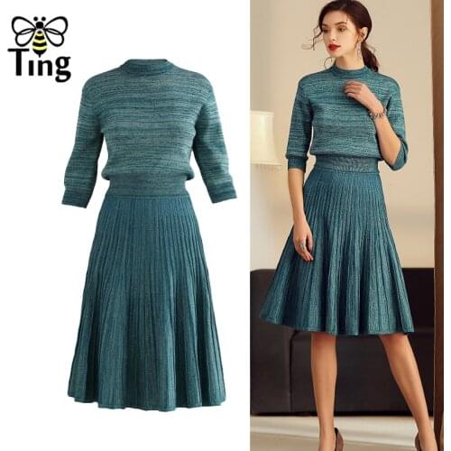 Tingfly Vintage Elegant Glitter Knitting Pullovers Sweater & Pleated Knee Length Skirts Women Sets Fashion Casual Lady 2 pcs Set