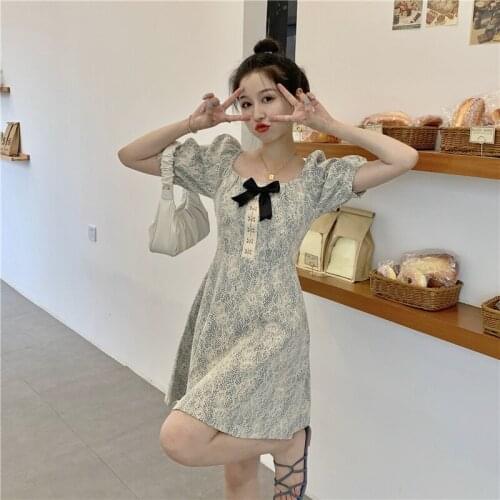 Dress Temperament Bow Knot Square Neck Short Sleeve Floral Dress Female Summer New Style Korean Style High Waist Slim Skirt