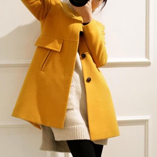 Women Winter Long Sleeve O Neck Button Pocket Plus Size Loose Woolen Trench Coat