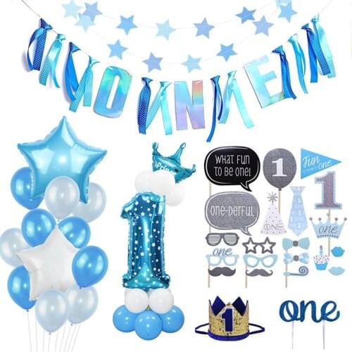 1st Birthday Boy Girl Decorations Balloons Photo Frame Banner One Year Old Kids First Birthday Party Boy Baby Shower Decorations