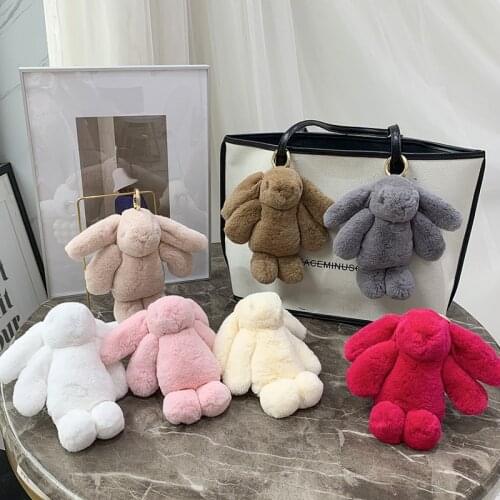18CM Handmade New Rex Rabbit Real Fur keychain Long ears Fur Bunny For Women Bag Ornaments Pendant Plush toys Car Keyring Gift