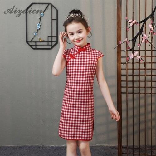 2019 Summer Red Plaid Cotton Cheongsam Modern Children Qi Pao Oriental Style Kids Vintage Gown Chinoise Child Slim Dress Qipao