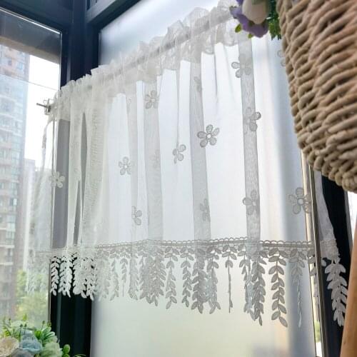 White Flowers Mesh Tulle with Lace Hemline Short Curtains For Kitchen Girls Living Room Door Balcony Window Salon Half Drapes
