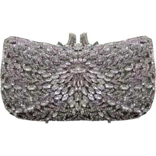 Ladies floral crystal evening dress bag hard shell metal single chain handbag and purse bridal wedding party clutch