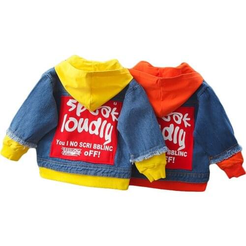 Kids Denim Jacket 2021 Spring Children Letter Printed Outerwear Toddler Thin Hooded Coat Clothes Baby Girl Boy Cowboy Jackets