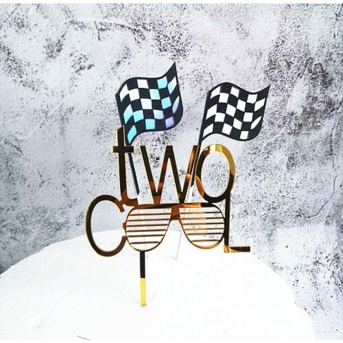 Two Cool Baby Shower Acrylic Cake Topper INS F1 Flags Happy Birthday Cupcake Topper For Kids Birthday Party Cake Decorations