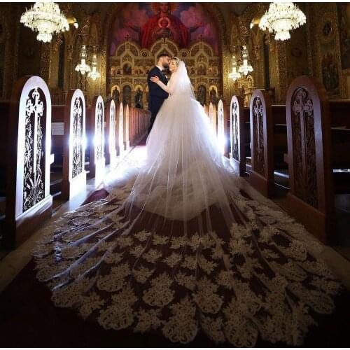 Elegant Bridal Veils White Ivory Cathedral Length Lace Appliqued Edge Bridal Wedding Veil with Combs Custom Made Wedding Veil