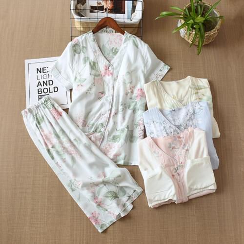 Cotton Chest Pad Pajamas Set Short Sleeve T-shirt Pant 2Piece/Set Summer Casual Flower Pyjama Big Size Mom Plus Homewear