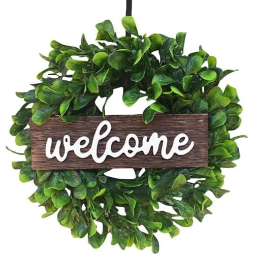 Artificial Boxwood Wreath 12 Inch Welcome Wreath with Wooden Sign for Front Door Window Wall Wedding Home Decoration