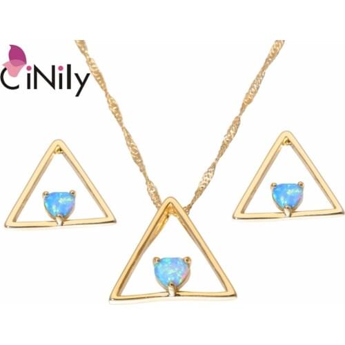 CiNily Created Blue Fire Opal Yellow Gold Color Wholesale Christmas for Women Pendant Necklace Stud Earrings Jewelry Set OT154