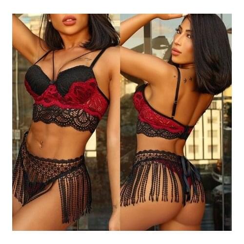 Women Lingerie Set Sexy Lace Bra and Fringed Waistband and Panty Three-piece Suit for Honeymoon Wedding Anniversaries
