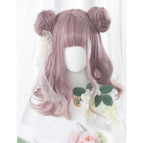 CosplayMix Lolita Anime Cosplay Wig 40CM Medium Wavy Ash Pink Bangs Ombre With Buns Japan Cute Halloween Synthetic+ Free Cap
