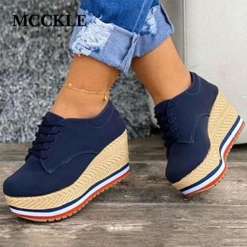 MCCKLE Womens Wedges Shoes Lace Up Straw Weave Platform Vulcanized shoes Ladies Solid Sneakers Female Fashion Plus Size