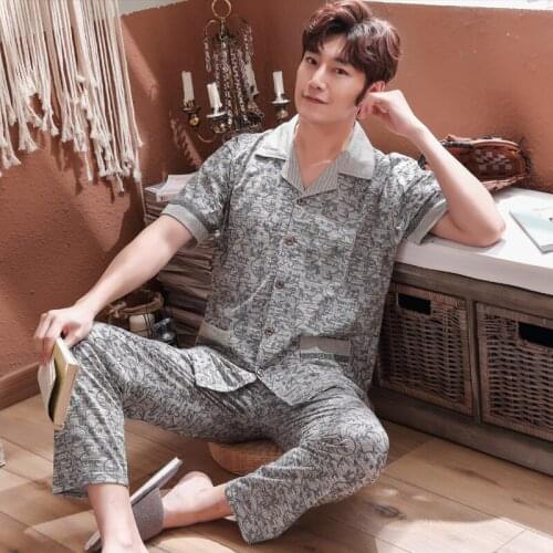 Summer 100%Cotton Men Pajamas Set Striped Pijamas Short Sleeve Turn-down Collar Plus Size 4XL Male Sleepwear Short Top+Long Pant