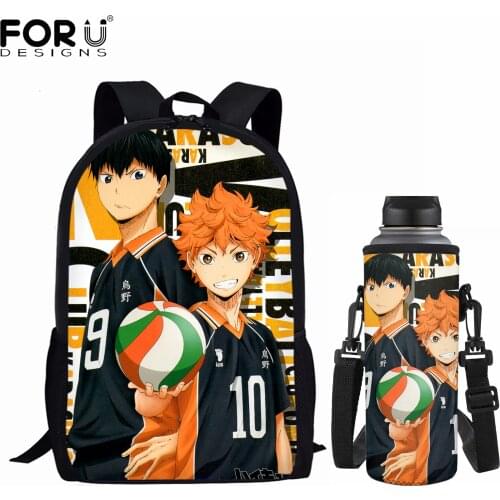 FORUDESIGNS Hot Japanese Anime Haikyuu Print School Backpack Large Capacity Bookbag for Student Water Bottle Cup Covers 2Pcs Set