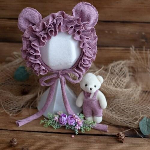 Cute Bear hat and Toy Set Newborn Photography Props Handmade Headband Bonnet Baby Bear Outfit Props