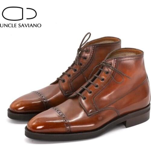 Uncle Saviano Brogue Winter Lace Up Mens Boots Shoes Non-Slip Add Velvet Genuine Leather Work Boots Fashion Designer Shoes Men