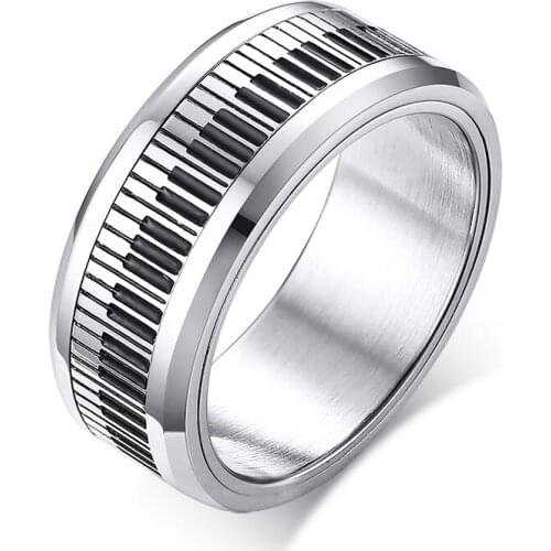 2019 new style Stainless Steel Black Ring Metal and White Piano Keys can be rotated Literary temperament mens ring anillo