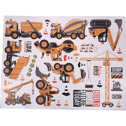 Kids Boy Bedroom Decor Self-adhesive Building Construction Vehicle Cartoon Wall Sticker Build Your Future Crane Excavator