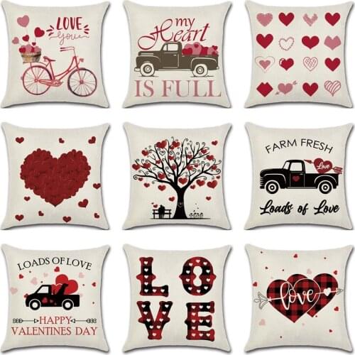 Valentines Day Cushions Cover Red Love Heart Tree Home Decorative Pillow Cases Linen Bicycle Truck Car Bed Pillow Covers 45cm