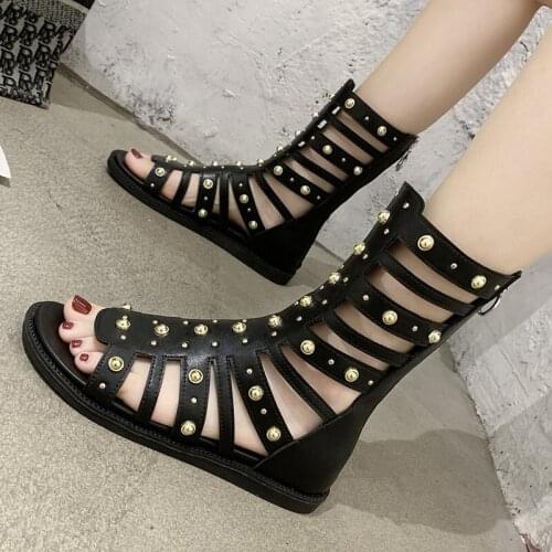 Pure Color Simple Rivet Middle Tube Ladies Martin Boots Summer Hollow Zipper Flat Open Toe Sexy Temperament Sandals Large Size