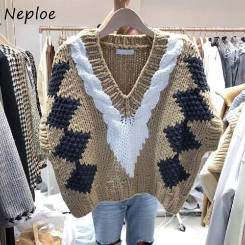 Neploe Autumn Winter Temperament Sweater Vest Woman V-neck Panelled Twist Short Knitted Tops Outer Wear Women Vests 2021 New