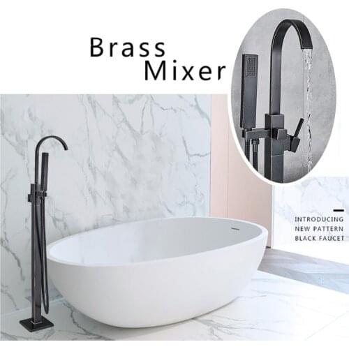 Contemporary Black Bronze Bathroom Shower Bath Tub Mixer Tap Bathroom Faucet Floor Mounted Tub Tap Single Handle W/Hand Shower