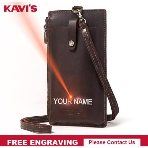 KAVIS Engraving Genuine Leather Cell Phone Bag Male Multifunction Card Pocket Wallet High Quality Neck Strap Shoulder Bag New