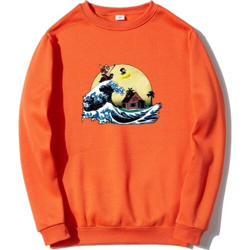 Wave Orange Hoodies Sweatshirts Men Women Japanese Streetwear Harajuku Pullover Long Sleeve Crewneck Men Without Cap Hoodie Tops