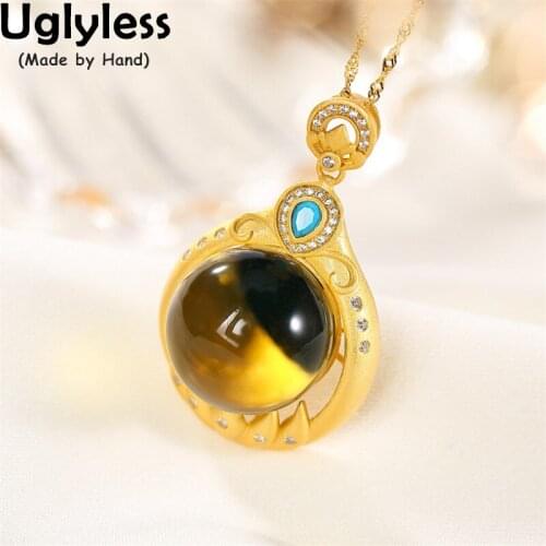 Uglyless Luxury Big Size Blue Amber Necklaces Women Elegant Evening Dress Jewelry Real Gold Gemstones jewelry 925 Silver + Chain