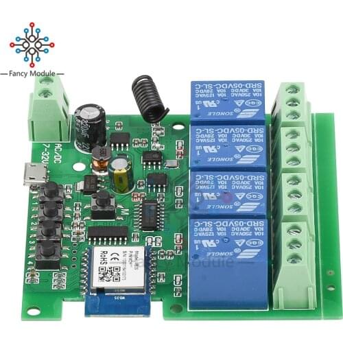 USB5V/DC7-32V 4 Way WiFi Wireless Smart Switch Relay Module WIFI Relay Switch Module 433MHZ Relay Module for Smart Home