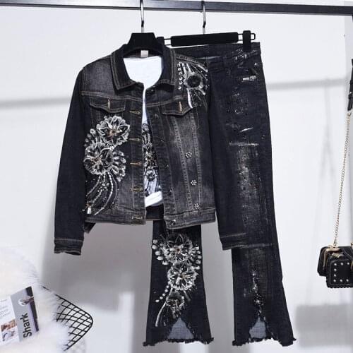 Autumn New Ladies Outfits Fashion Beaded Embroidery Long-Sleeve Denim Jacket + Wide Legs Flare Pants Two Piece Set Women H1026