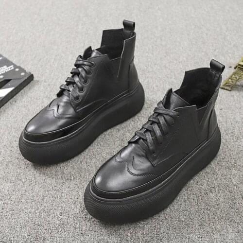 OLOMLB Womens Round Toe Carved Brogue Genuine Leather Ankle Boots Platform Wedge High Heel Shoes Thick Warm Winter New 2020