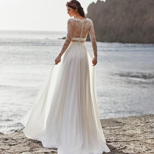 Charming Long Sleeve Wedding Dress For Women 2021 V-Neck Floor Length A-Line Boho Bridal Gowns With Belt vestidos de novia