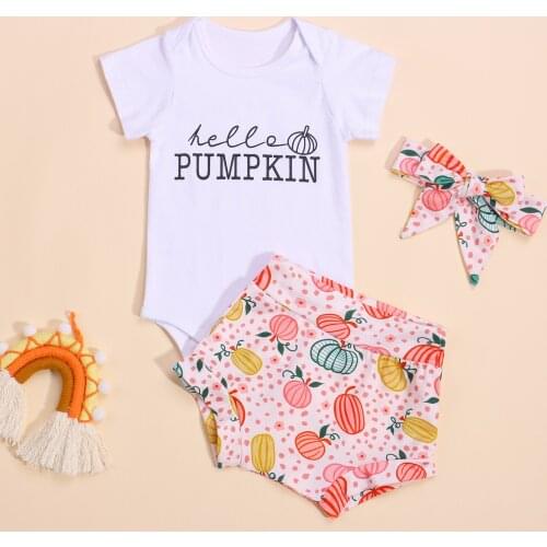 New 3Pcs Baby Girls Outfits, Letters Short Sleeves Romper + Pumpkin Print Shorts + Hairband for Toddlers, 0-24 Months