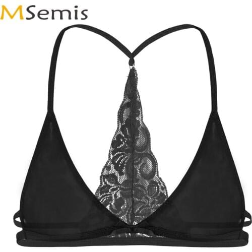 Mens Sissy Bra Lingerie Sexy Mesh See Through Sheer Lace Plunge V Bralette Top Gay Crossdressing Erotic Fetish Triangle Cup Bras