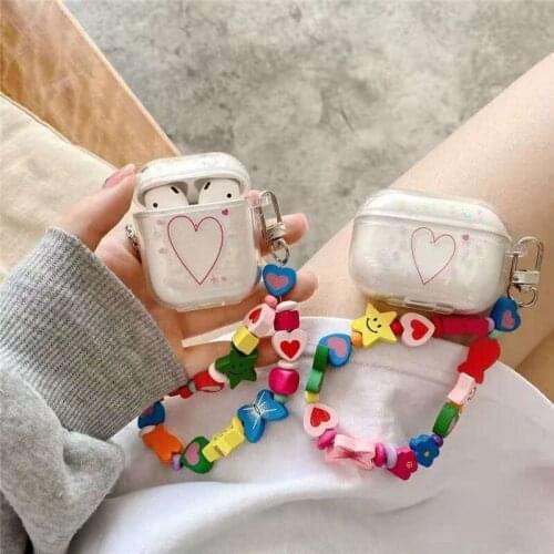 Cute Love Heart Pattern Soft Transparent Hanging Chain Earphone Case for Apple Airpod 1 2 Pro Wireless Bluetooth Protective Box