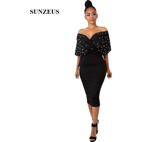Black Cocktail Dresses With White Pearls Sheath Knee Length Dresses Formal Off Shoulder Women Party Gowns