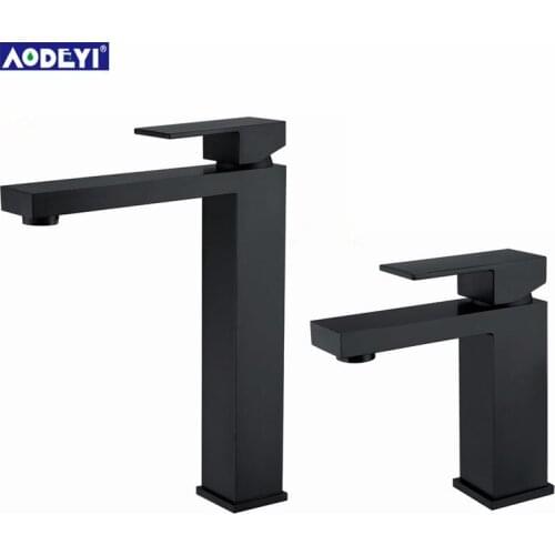 AODEYI Bathroom Sink Faucet Solid Brass Hot and Cold Water Mixer high Tap Single Handle Faucets Matt Black Square Washbasin Taps