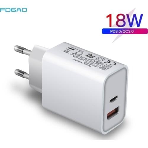 FDGAO 18W Fast USB Charger Quick Charge 3.0 USB Type-C PD Charger Portable Adapter Phone Charger For Huawei Xiaomi For iPhone 12