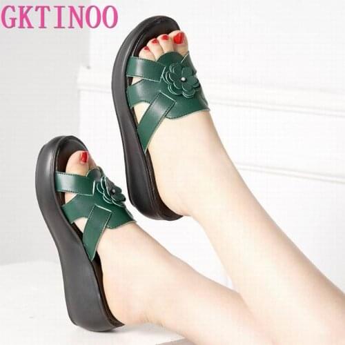 GKTINOO Women Slippers 2021 Ladies Summer Slippers Shoes Women Wedges Heels Fashion Summer Genuine Leather Shoes Platform
