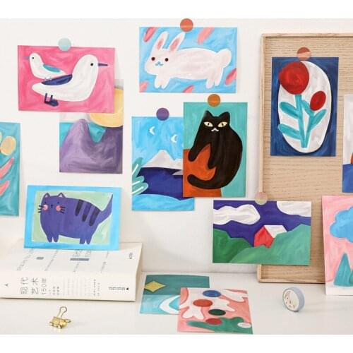 Ins Flower Cartoon Animal Oil Painting Postcard 15 Sheets Colorful Decorative Card Diy Collocation Wall Sticker Greeting Cards